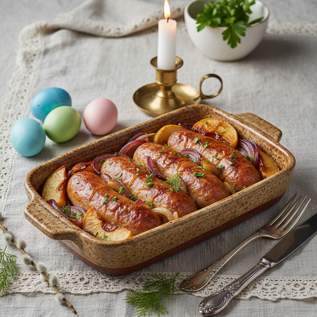 Niezawodna Biała Kiełbasa Pieczona z Cebulką i Jabłkami – Idealne Danie na Wielkanoc!